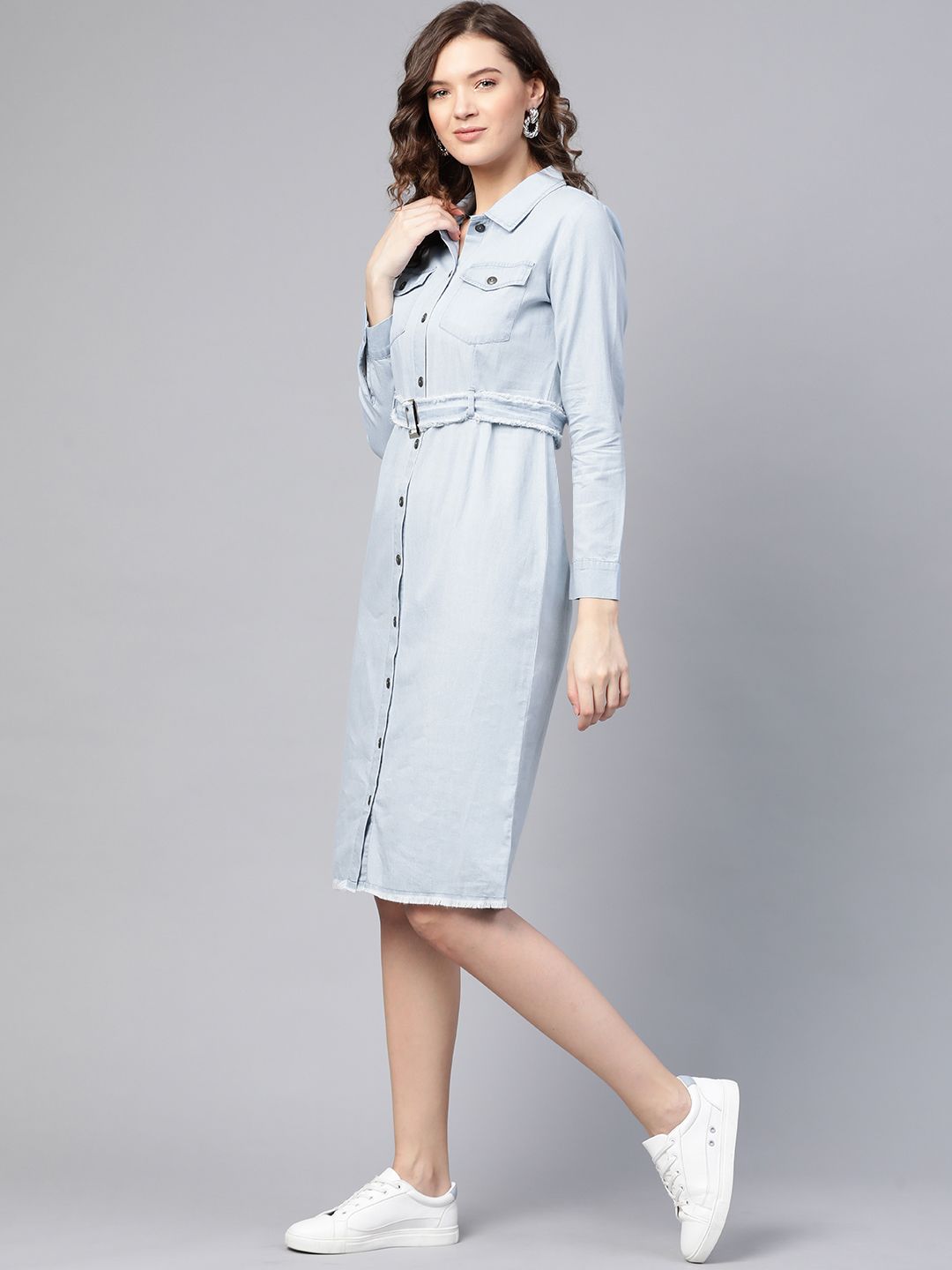 SASSAFRAS Serene Blue Solid Frayed Denim Dress
