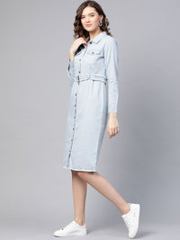 SASSAFRAS Serene Blue Solid Frayed Denim Dress