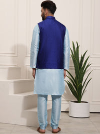 SOJANYA Men Blue Solid Kurta with Churidar & Nehru Jacket