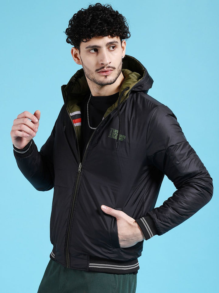 The Indian Garage Co Olive Green & Black Hooded Reversible Puffer Jacket