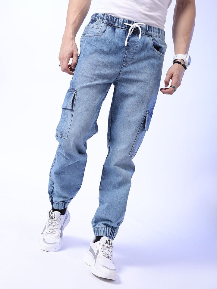 The Indian Garage Co Men Mid-Rise Heavy Fade Stretchable Cargo Jogger Jeans