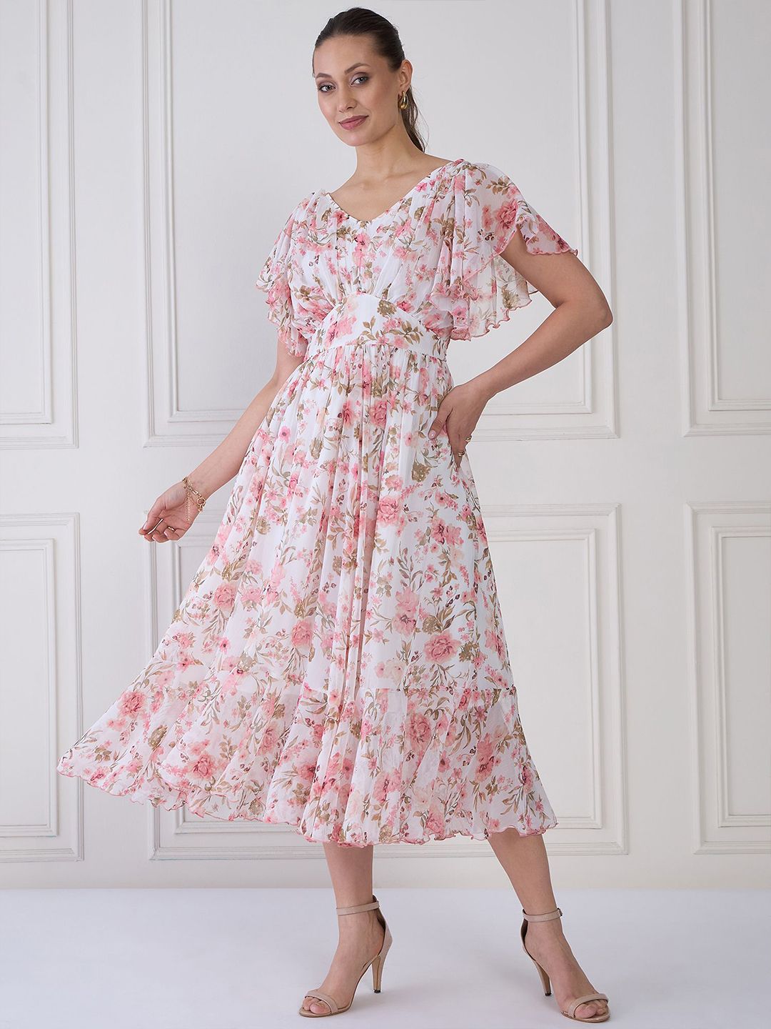 Antheaa Women Floral Print Flared Sleeve Layered Fit & Flare Midi Dress