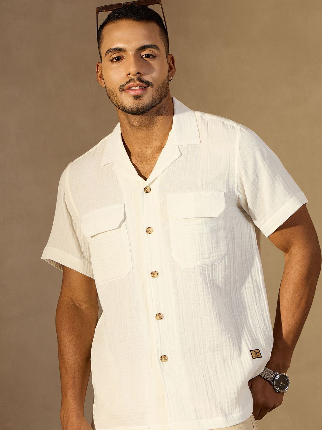 DENNISON Men Self Design Cuban Collar Smart Casual Shirt