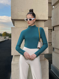 AND Teal Solid Turtle Neck Regular Top