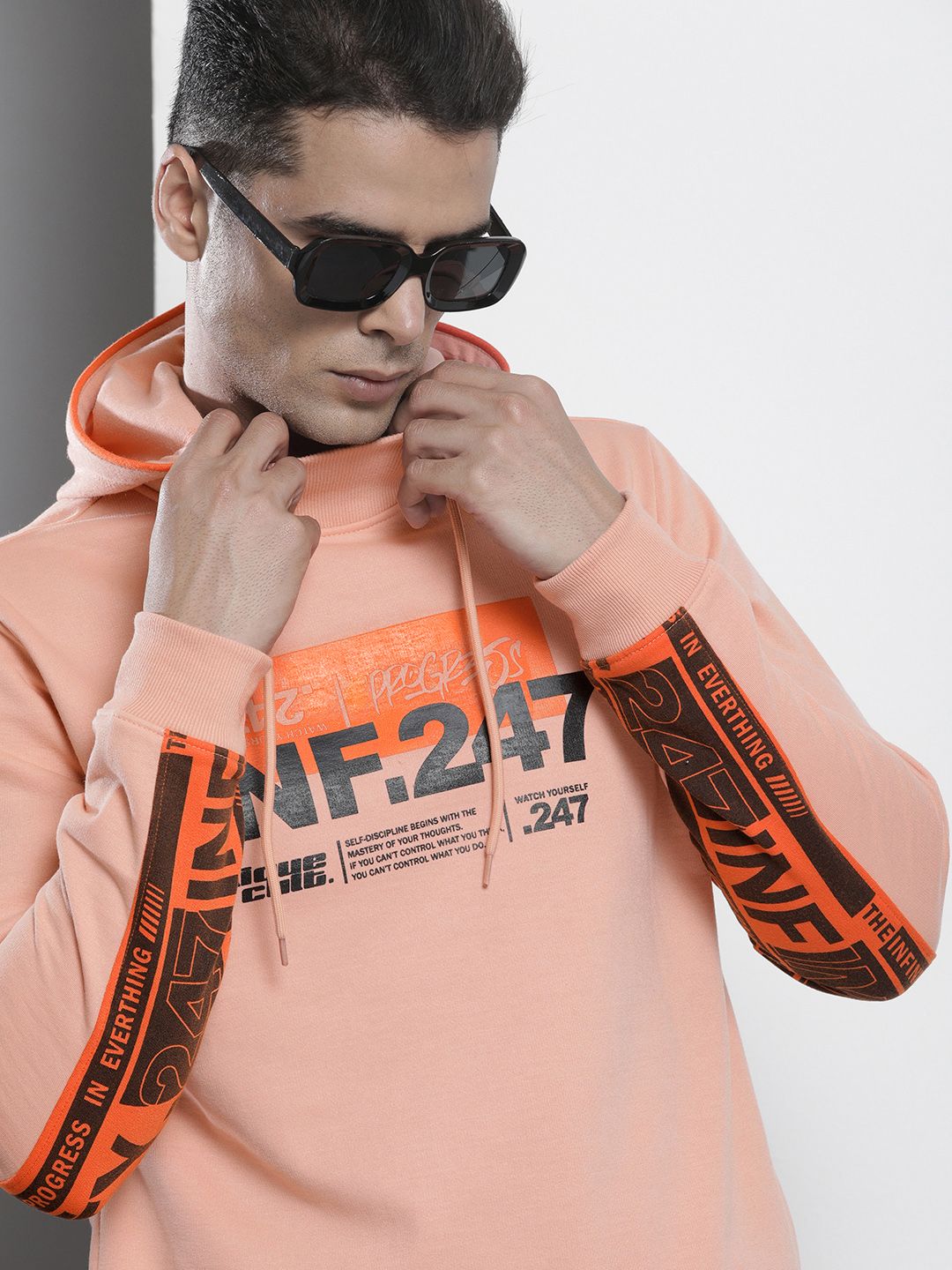 The Indian Garage Co Men Peach-Coloured Printed Hooded Sweatshirt