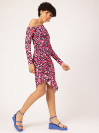 DressBerry Floral Frenzy Printed One Shoulder Net Sheath Dress