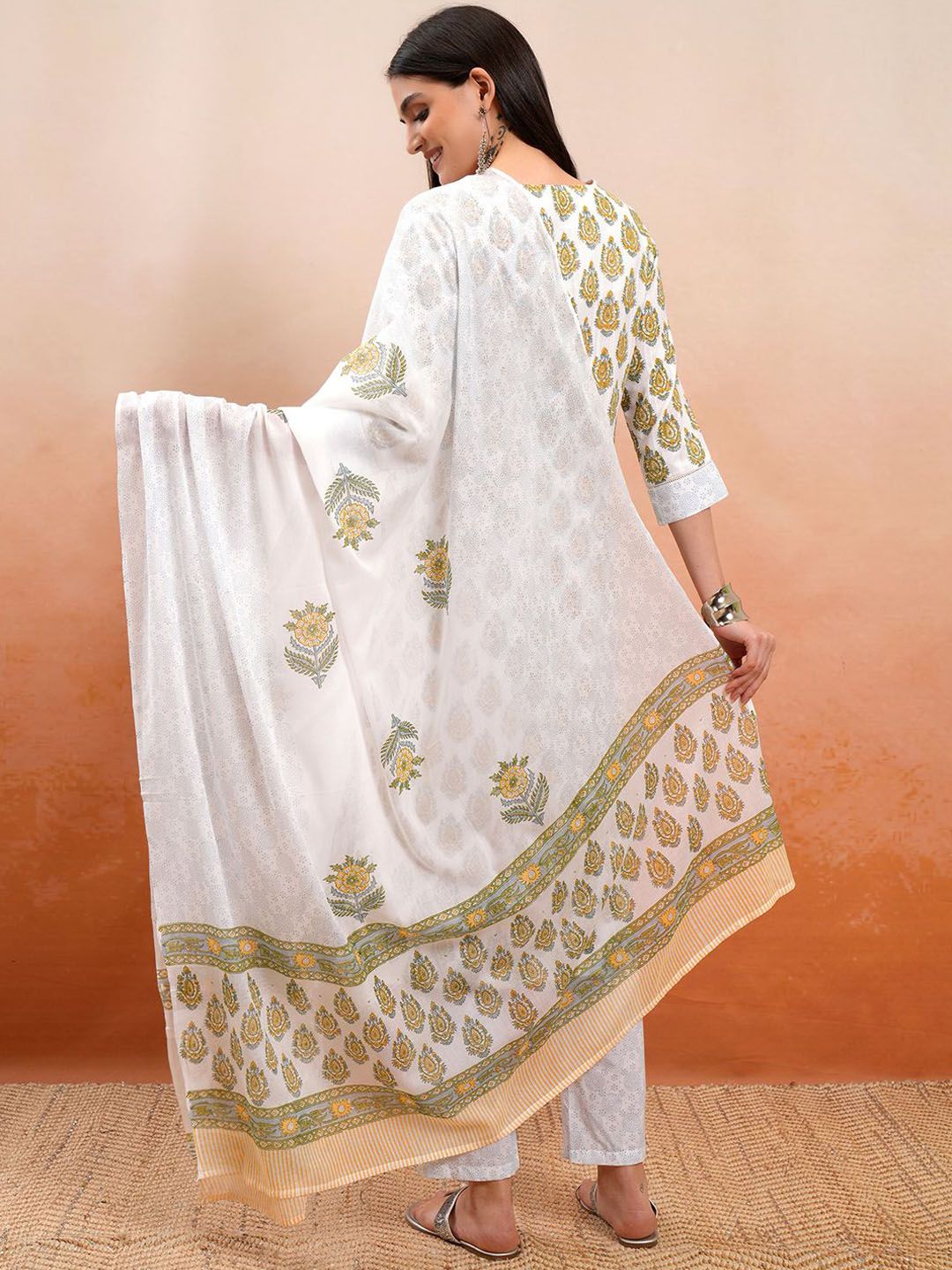 Vishudh Floral Printed V-Neck Pure Cotton Kurta with Trousers & Dupatta