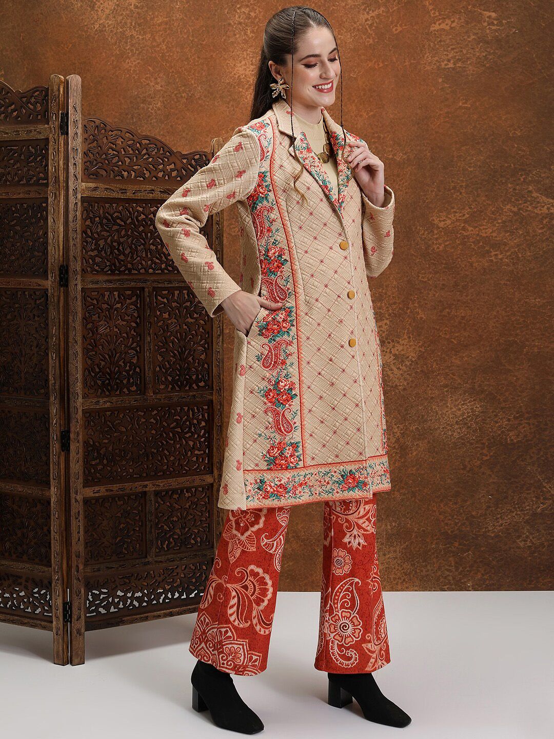 Vishudh Beige Floral Longline Biker Jacket