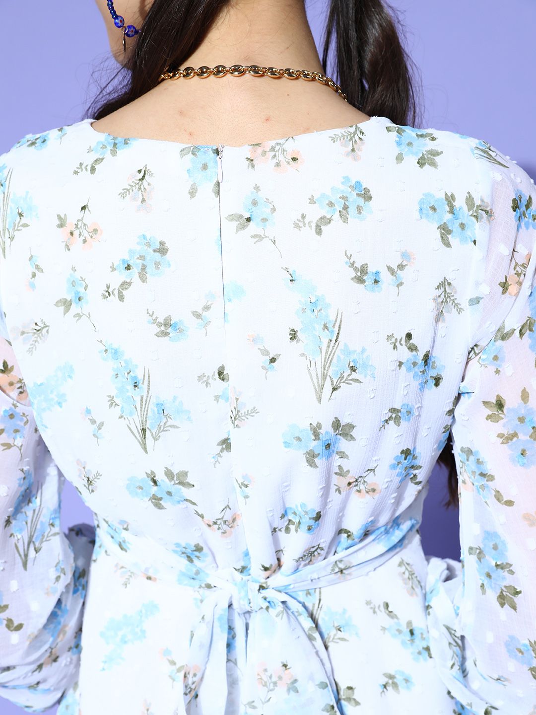 Berrylush Women Floral Print Chiffon Puff Sleeves Mini Dress