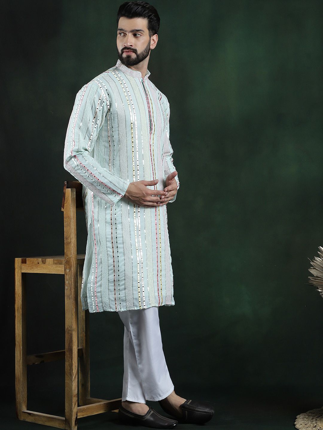 SOJANYA LUXE Kurta Kolar Mandarin Lengan Panjang Sulam Biasa dengan Piyama