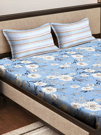 KLOTTHE Blue & White Floral Printed 300TC Super King Fitted Bedsheet With 2 Pillow Covers