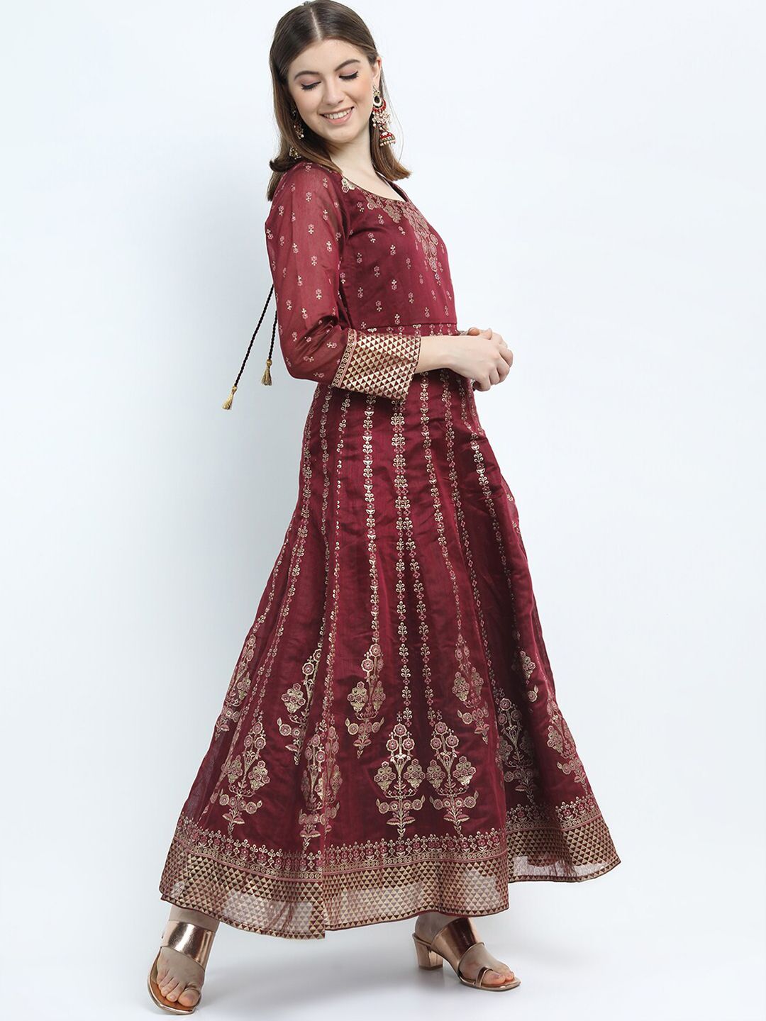 Vishudh Maroon Ethnic Motifs Ethnic Maxi Dress with Dupatta