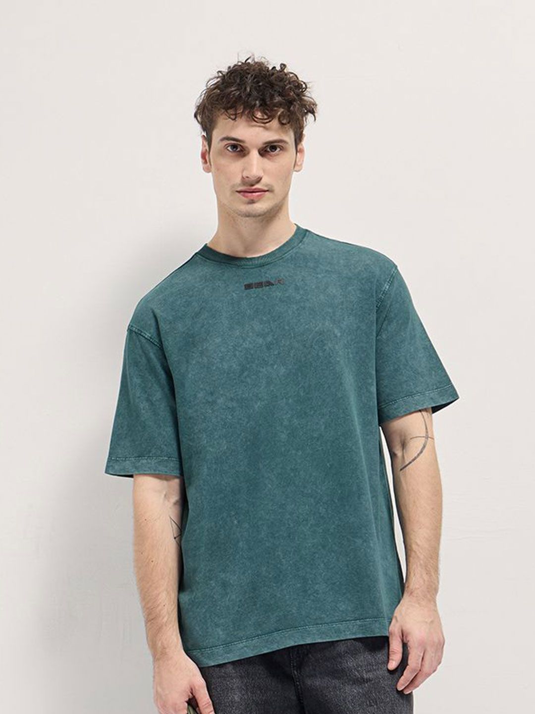 THE BEAR HOUSE Men Typography Printed Round Neck Cotton Oversized T-shirt