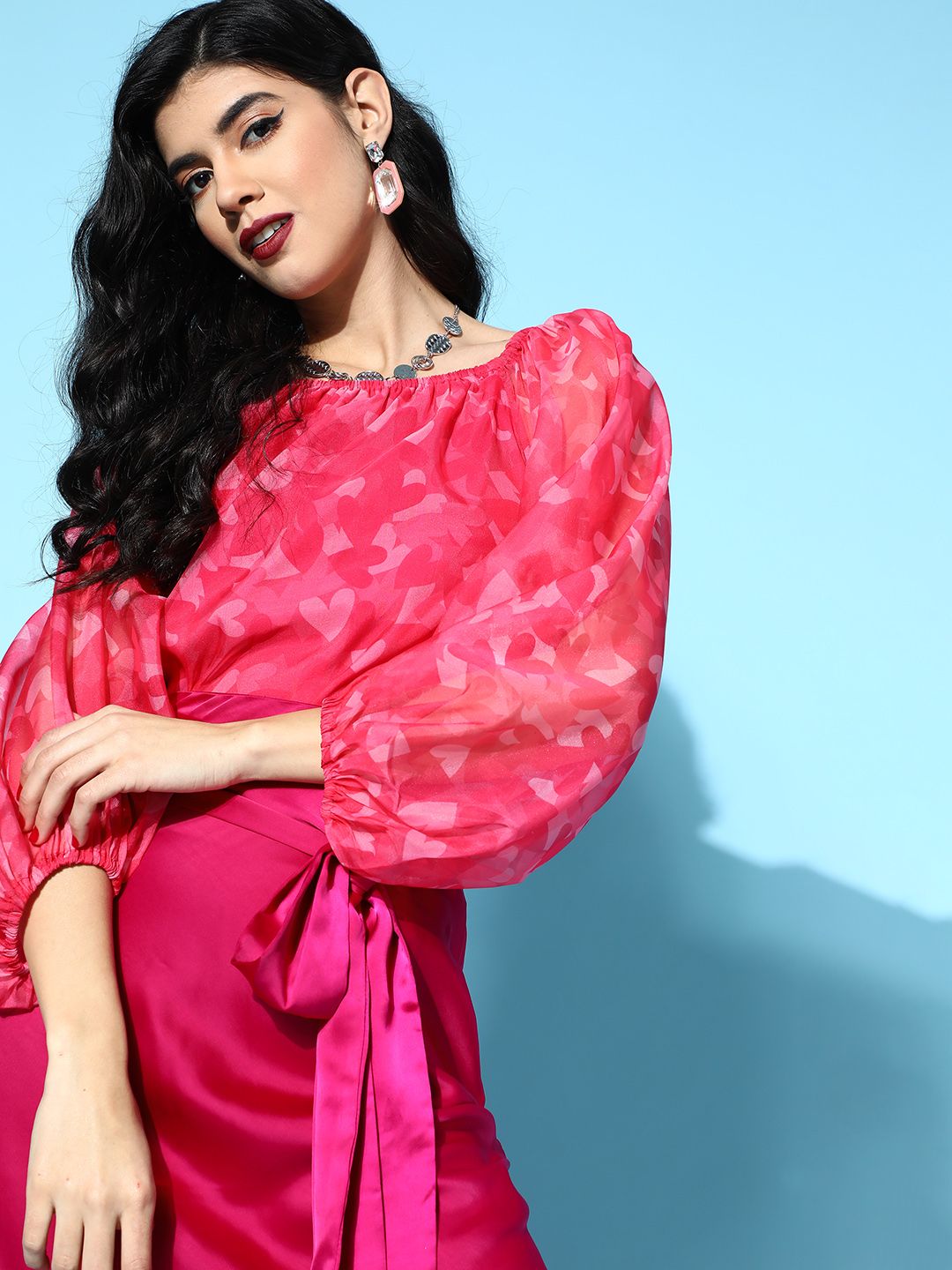 SASSAFRAS Women Pretty Pink Abstract Puff Sleeves Top