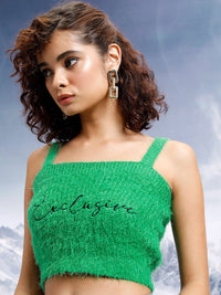 Tokyo Talkies Green Self Design Shoulder Straps Acrylic Crop Top With Cardigan