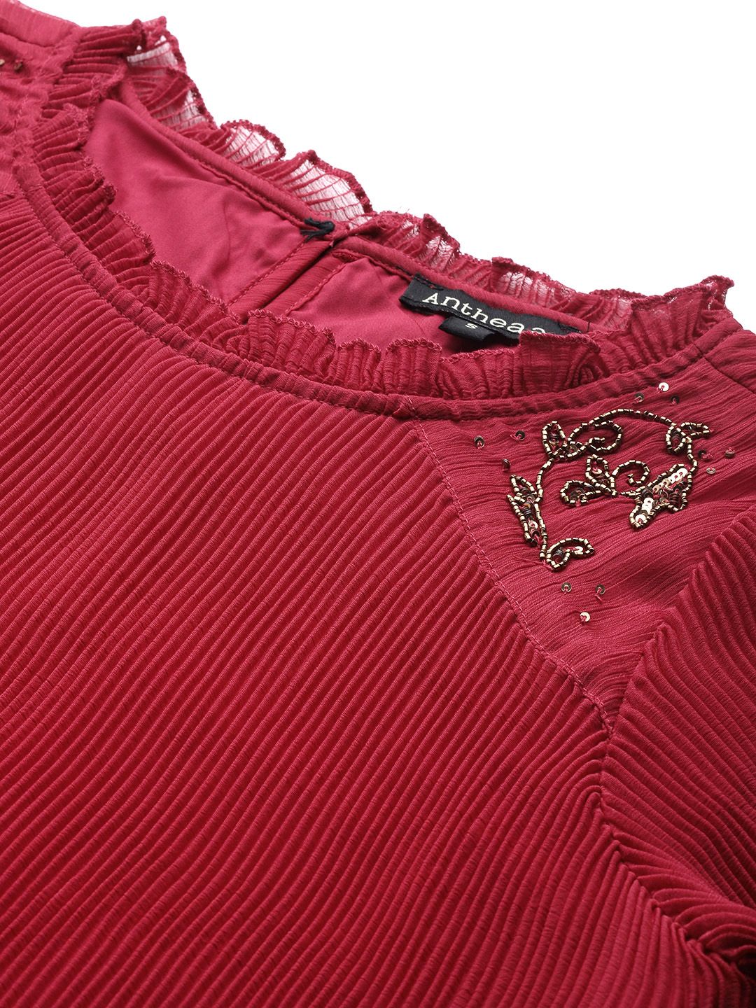 Antheaa Embellished Pleated Chiffon A-Line Top