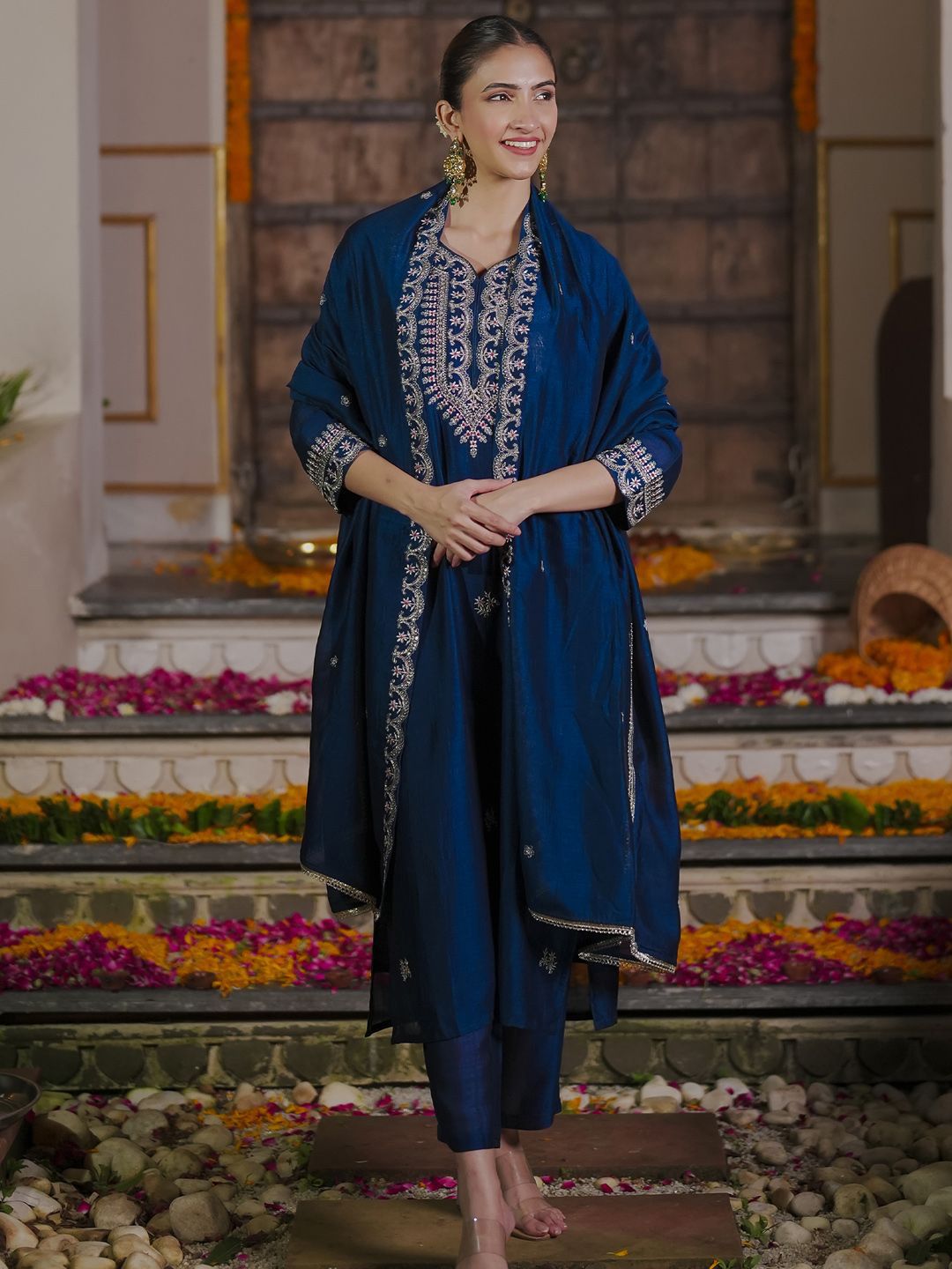 Indo Era Women Ethnic Motifs Embroidered Regular Kurta with Trousers & With Dupatta
