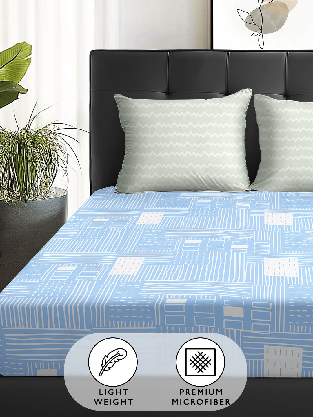 Story@home Arena White & Blue Geometric Microfiber 180 TC Queen Bedsheet & 2 Pillow Covers