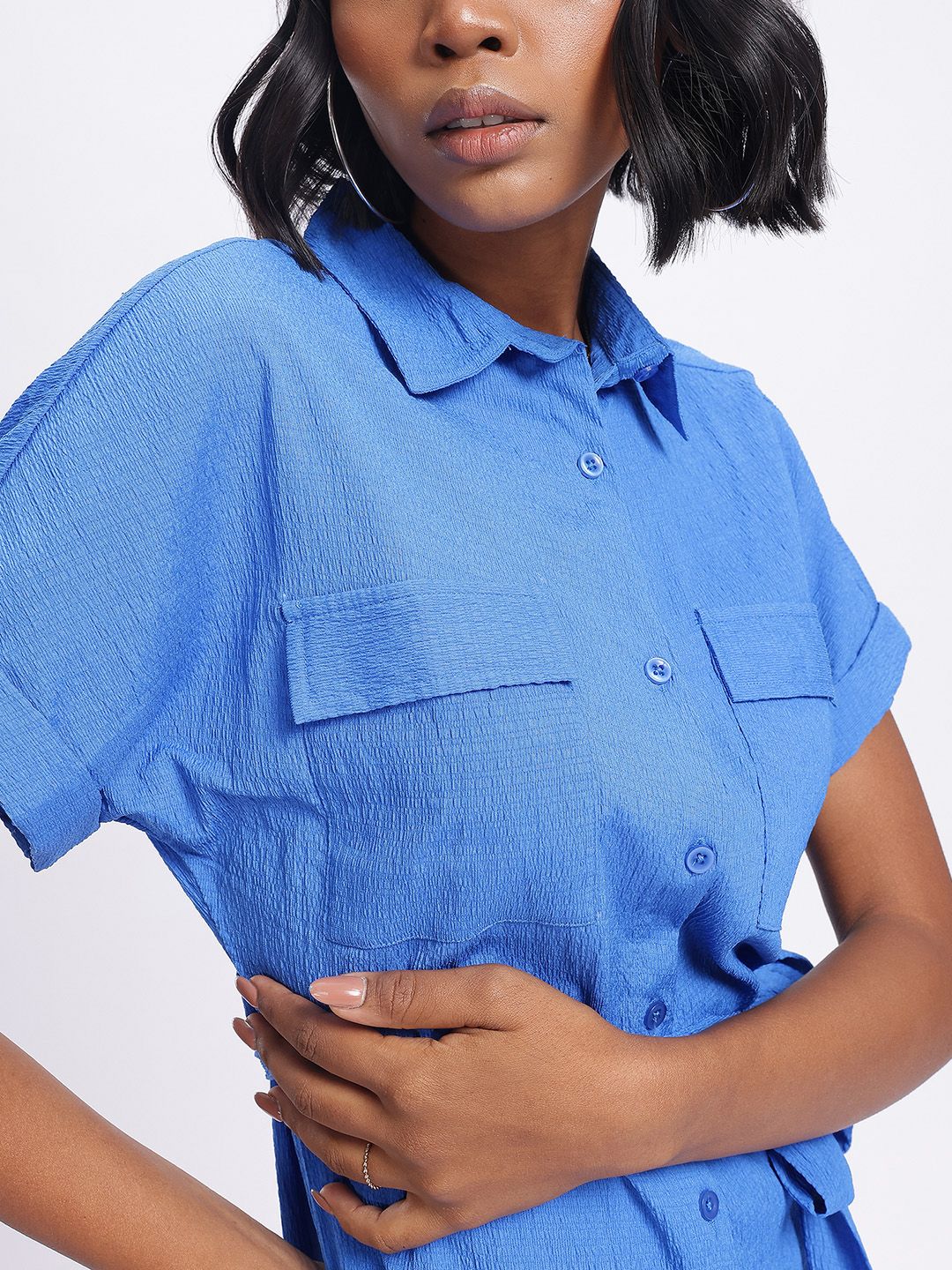 DressBerry Textured Belted Shirt Style Dress