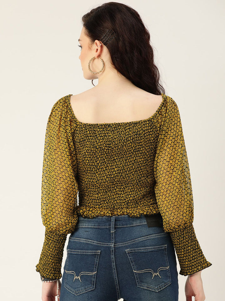 Antheaa Black & Mustard Printed Smocked Chiffon Crop Top