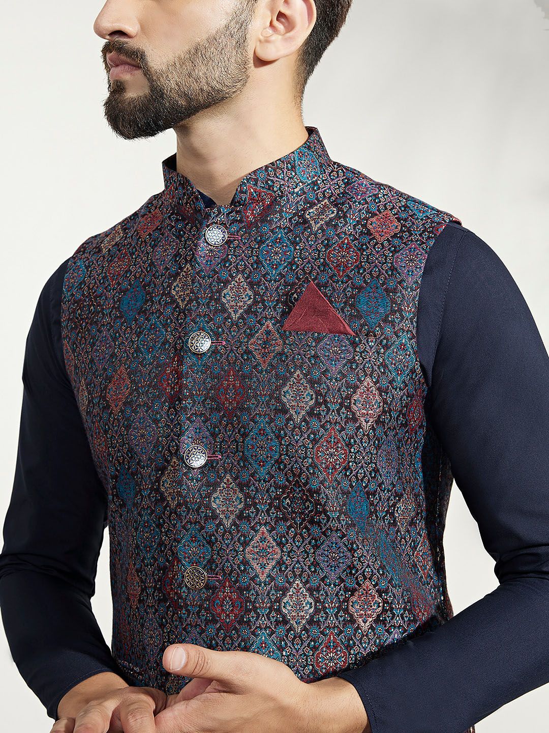 KISAH Men Woven Jacquard Regular Fit Ethnic Motifs Kurta Jacket Trouser Set