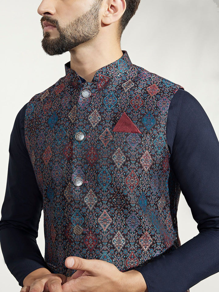 KISAH Men Woven Jacquard Regular Fit Ethnic Motifs Kurta Jacket Trouser Set