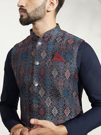 KISAH Men Woven Jacquard Regular Fit Ethnic Motifs Kurta Jacket Trouser Set