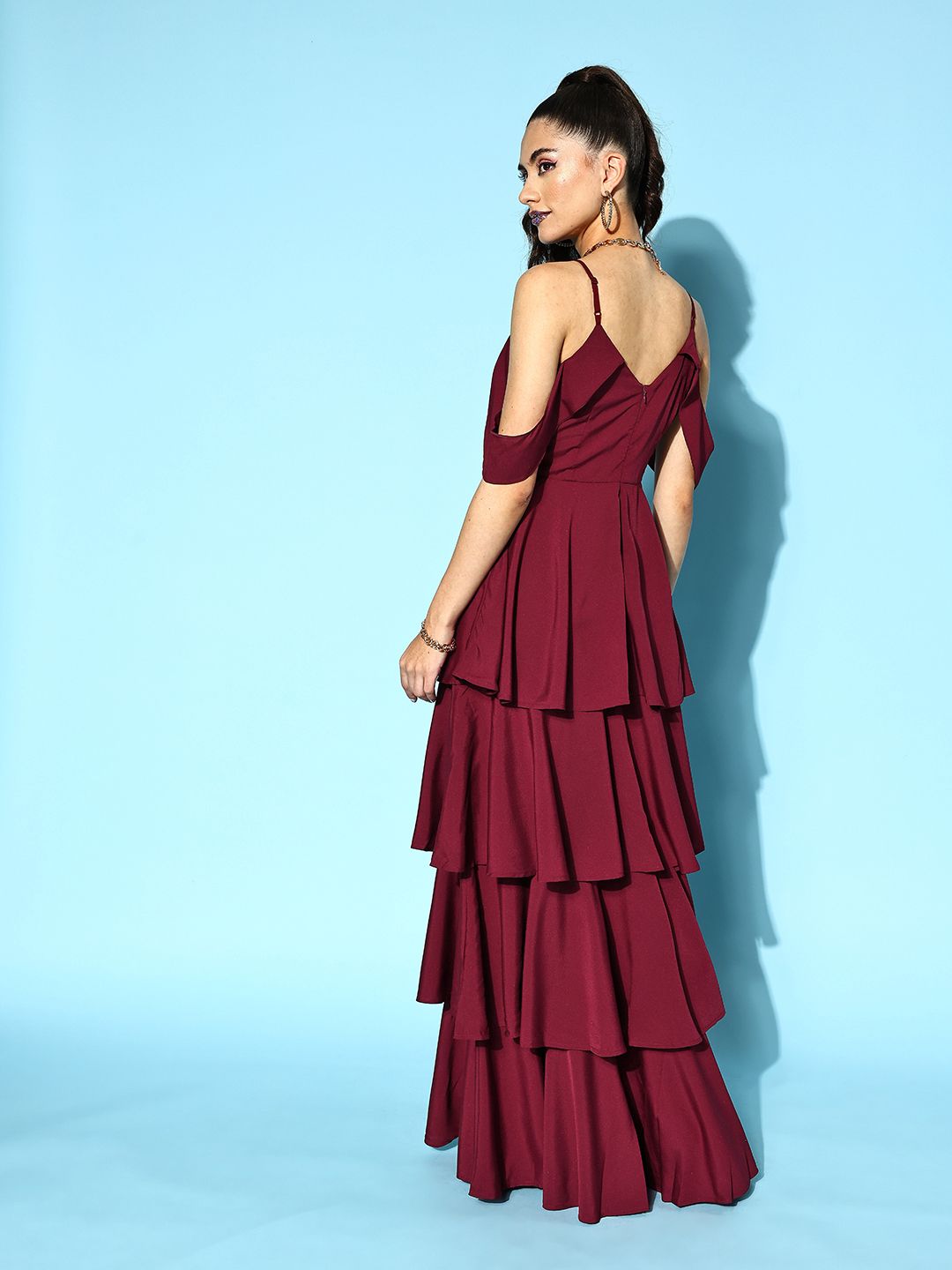 Berrylush Women Maroon Solid Feminine Frills Dress