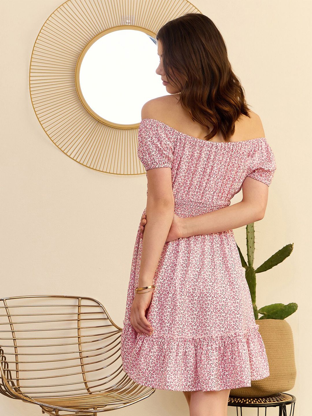 Berrylush Pink Floral Print Off-Shoulder Smocked Fit & Flare Dress