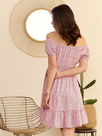 Berrylush Pink Floral Print Off-Shoulder Smocked Fit & Flare Dress