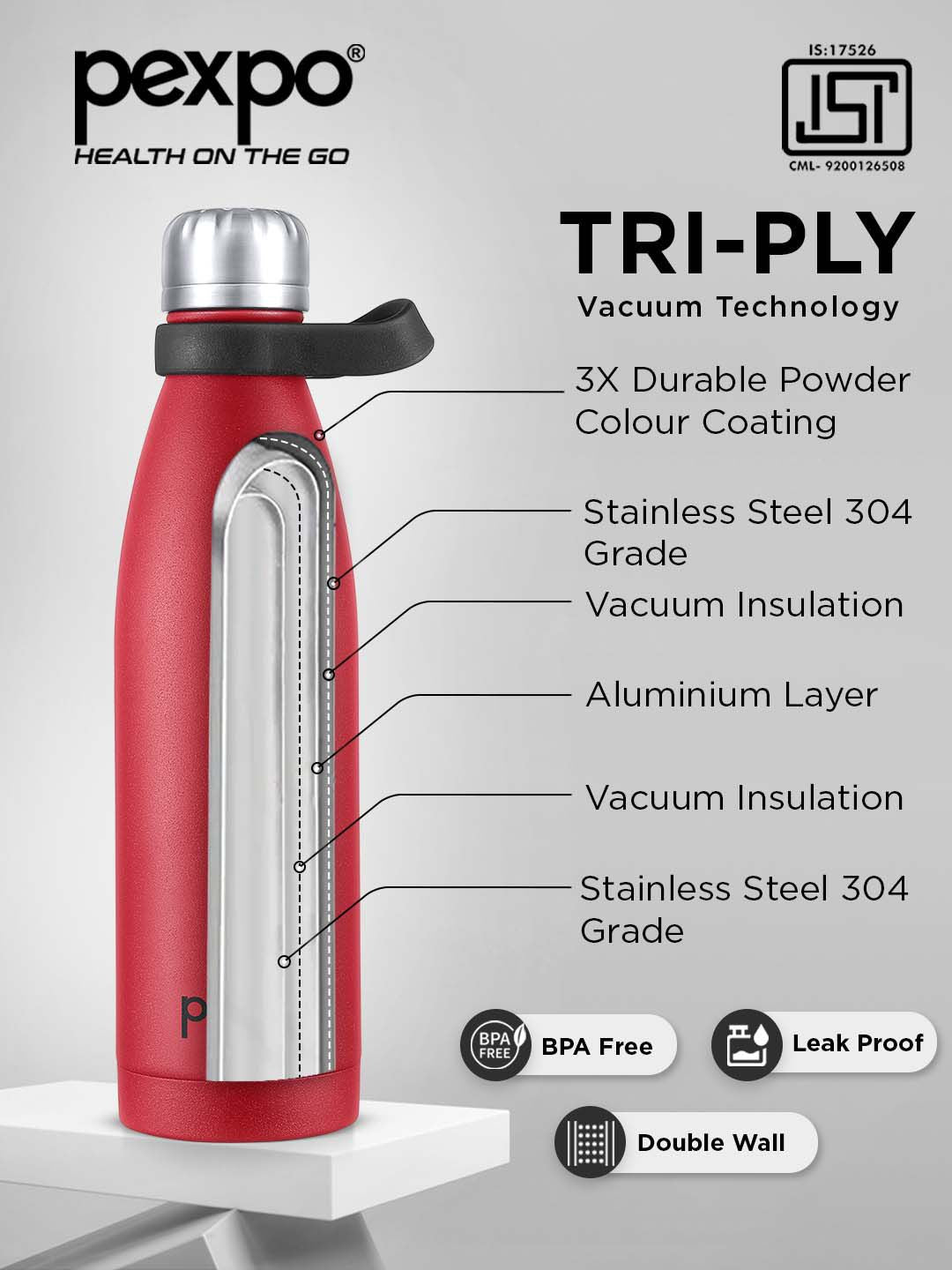 Pexpo Evok Crimson Red ISI Certified Thermosteel Hot flask Insulated Water Bottle 750 ml