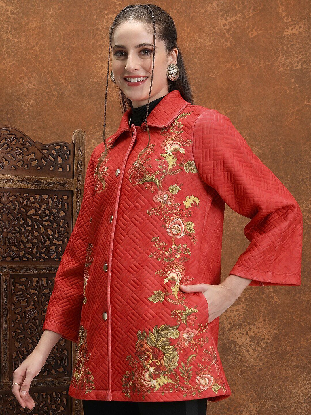 Vishudh Floral Printed Spread Collar Longline Tailored Jacket