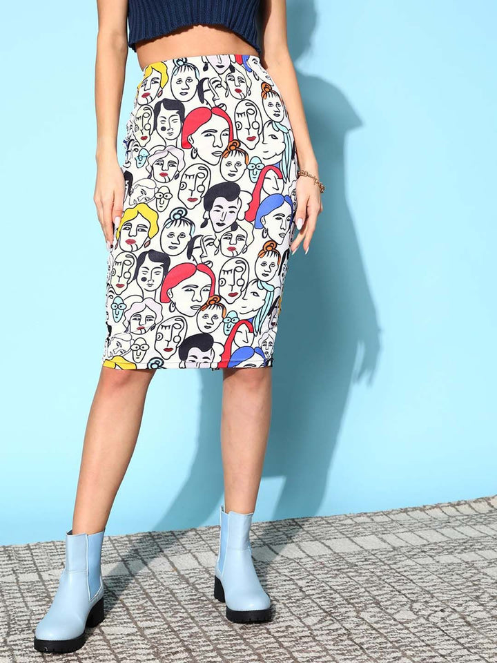 Berrylush Women White Graphic Print Knee Length Pencil Skirt
