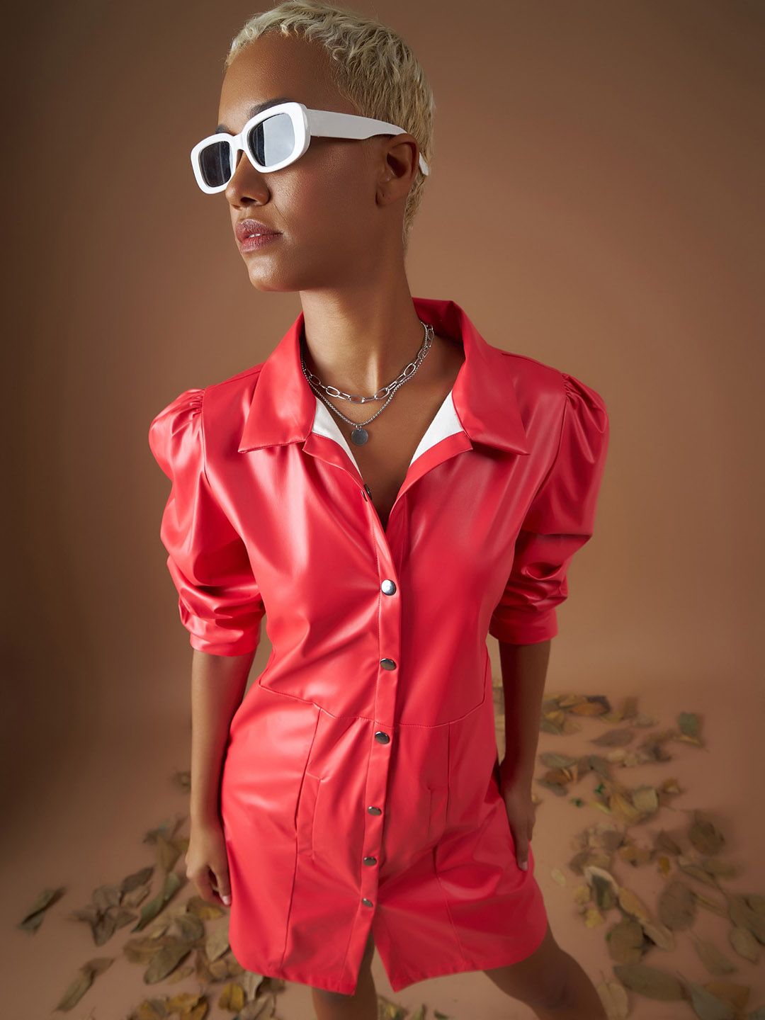 SASSAFRAS Red Shirt Collar Puff Sleeves Shirt Dress