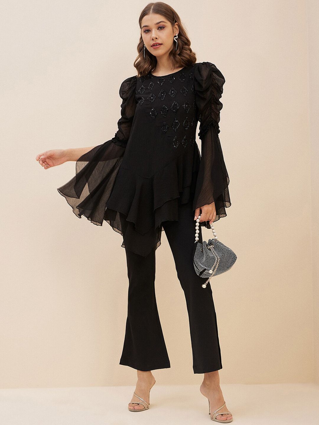 Antheaa Black Embellished Top With Trousers