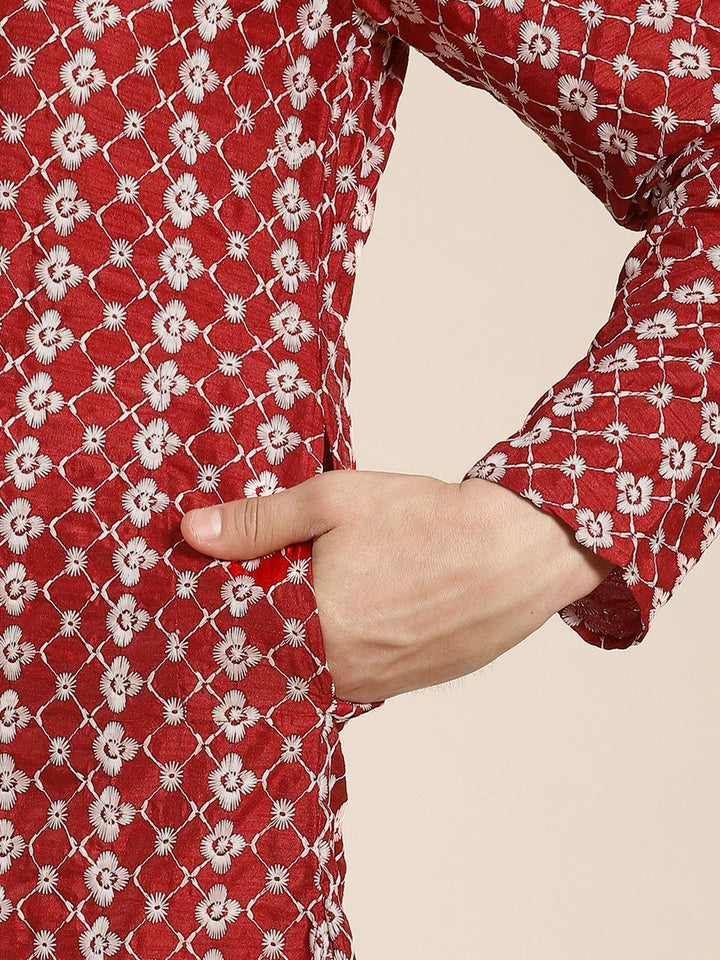 SOJANYA Lelaki Maroon & White Motif Etnik Bersulam Kurta
