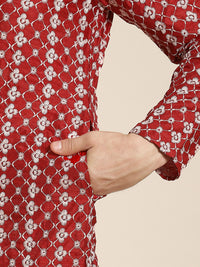SOJANYA Lelaki Maroon & White Motif Etnik Bersulam Kurta