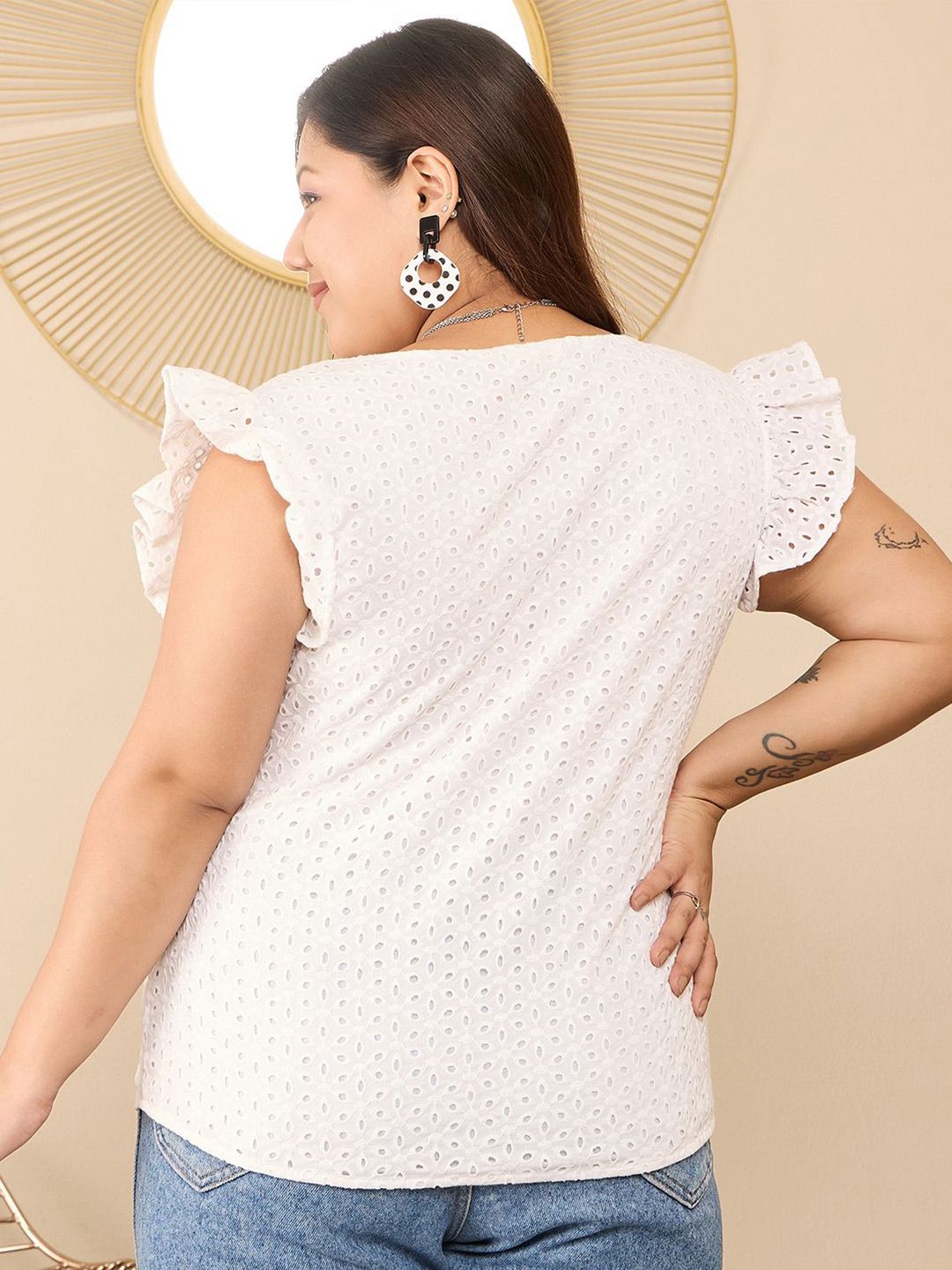 Berrylush Curve Flutter Sleeve Cotton Schiffli Plus Size Top