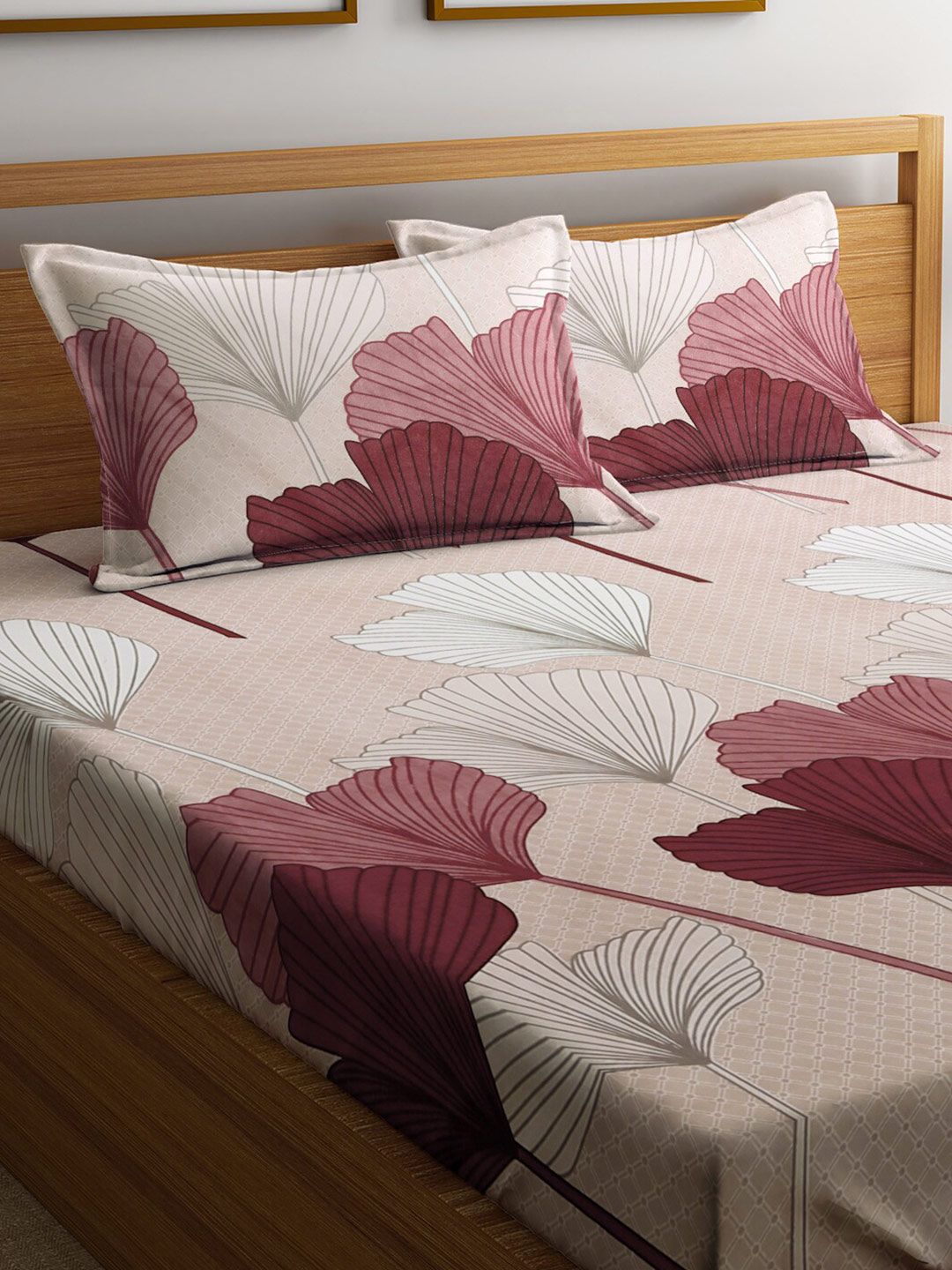 KLOTTHE Beige Floral 300 TC Pure Cotton Blend Double King Bedsheet Set