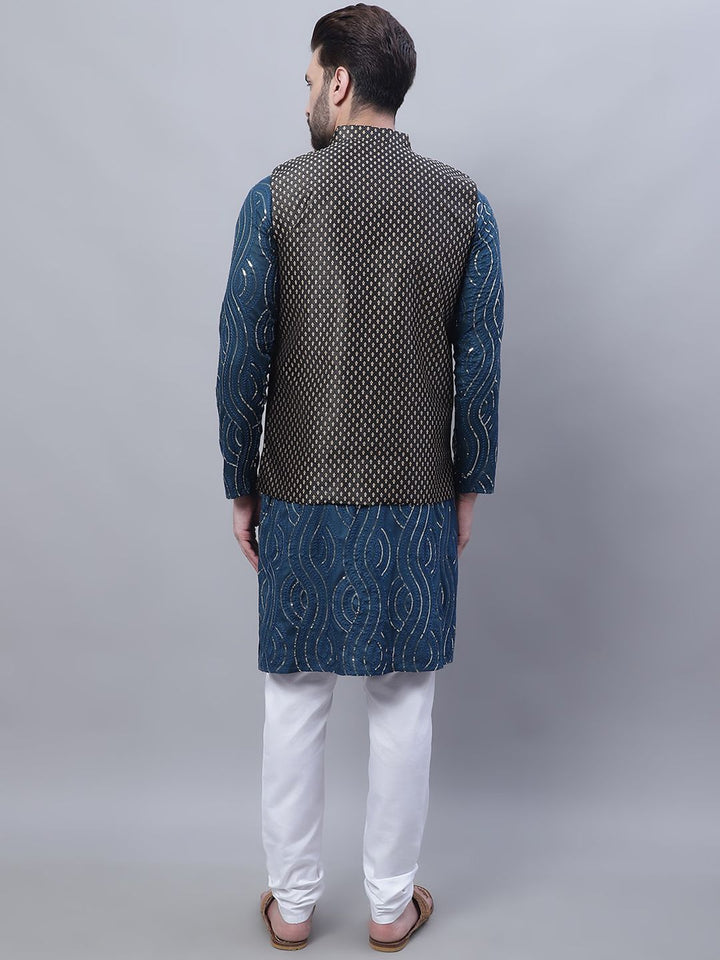 SOJANYA Leheriya Mandarin Collar Pure Cotton Kurta with Pyjamas & Nahru Jacket