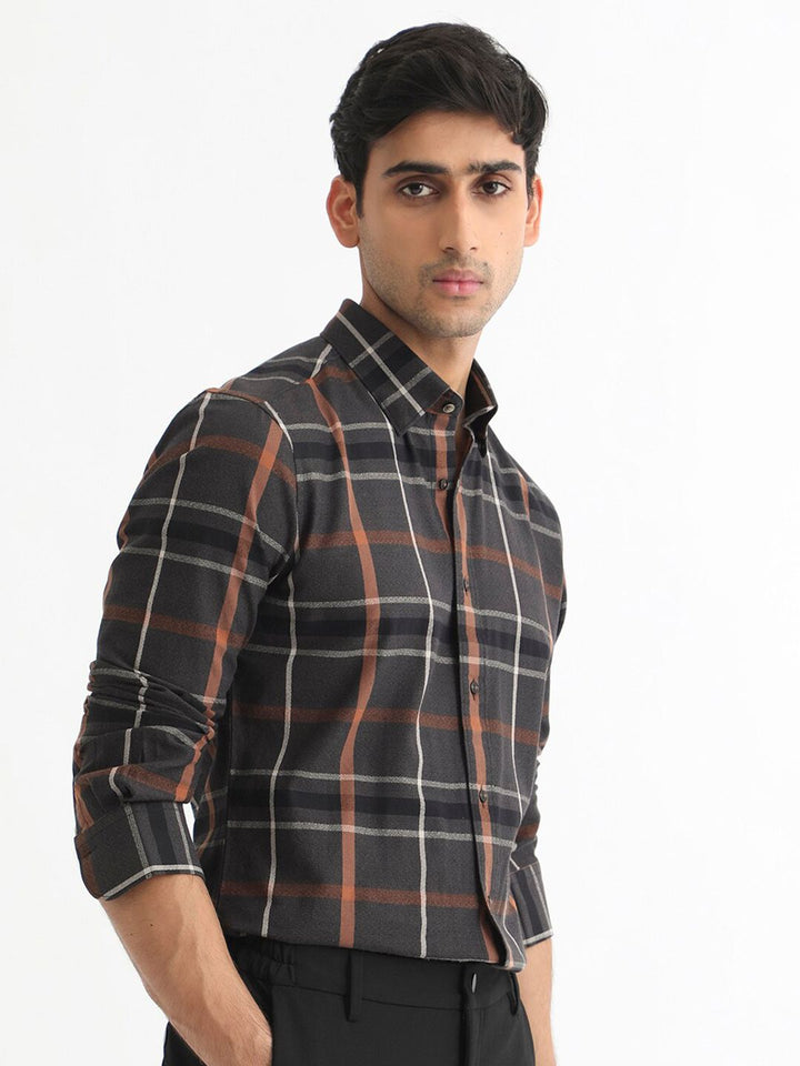 RARE RABBIT Men Keller Checked Slim Fit Spread Collar Cotton Shirt