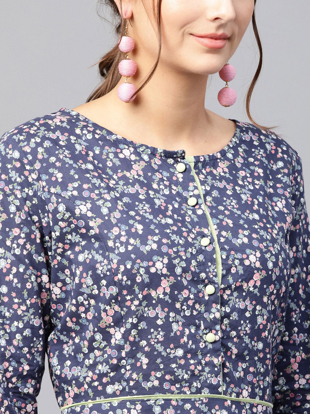 SASSAFRAS Navy Blue & Pink Floral Printed Cotton Fit and Flare Dress