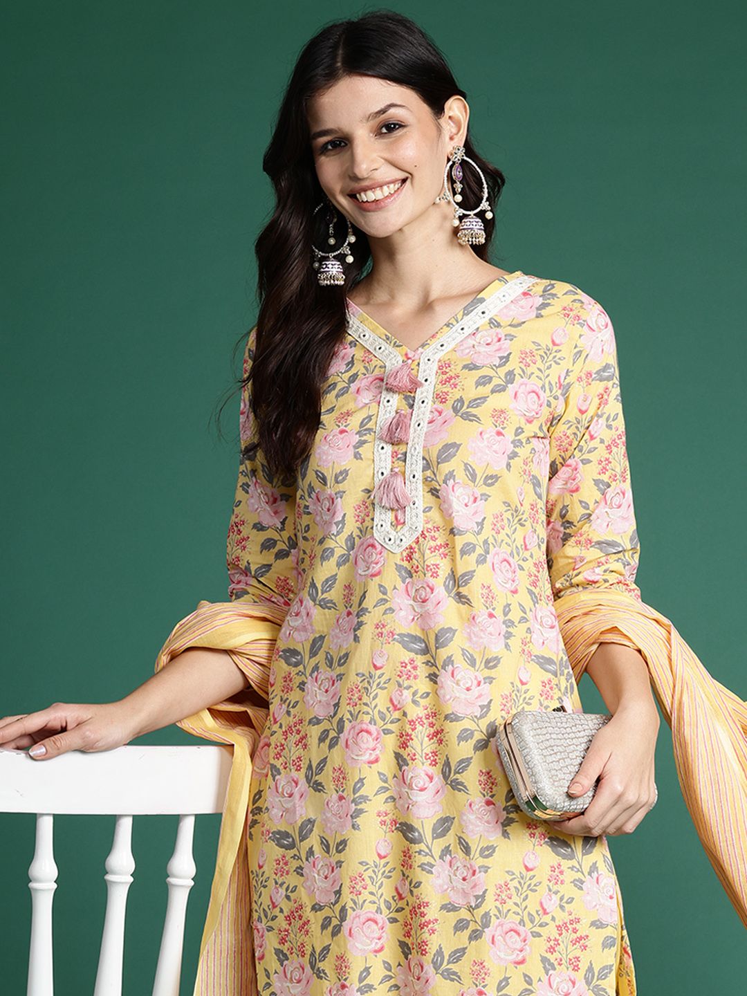 Indo Era Floral Printed Thread Work Pure Cotton Kurta with Trousers & Dupatta