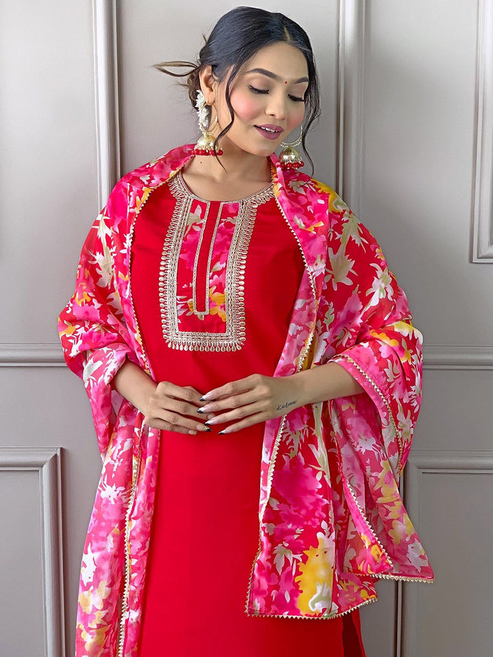 KALINI Ethnic Motifs Yoke Design Thread Work Straight Kurta with Trousers & Dupatta