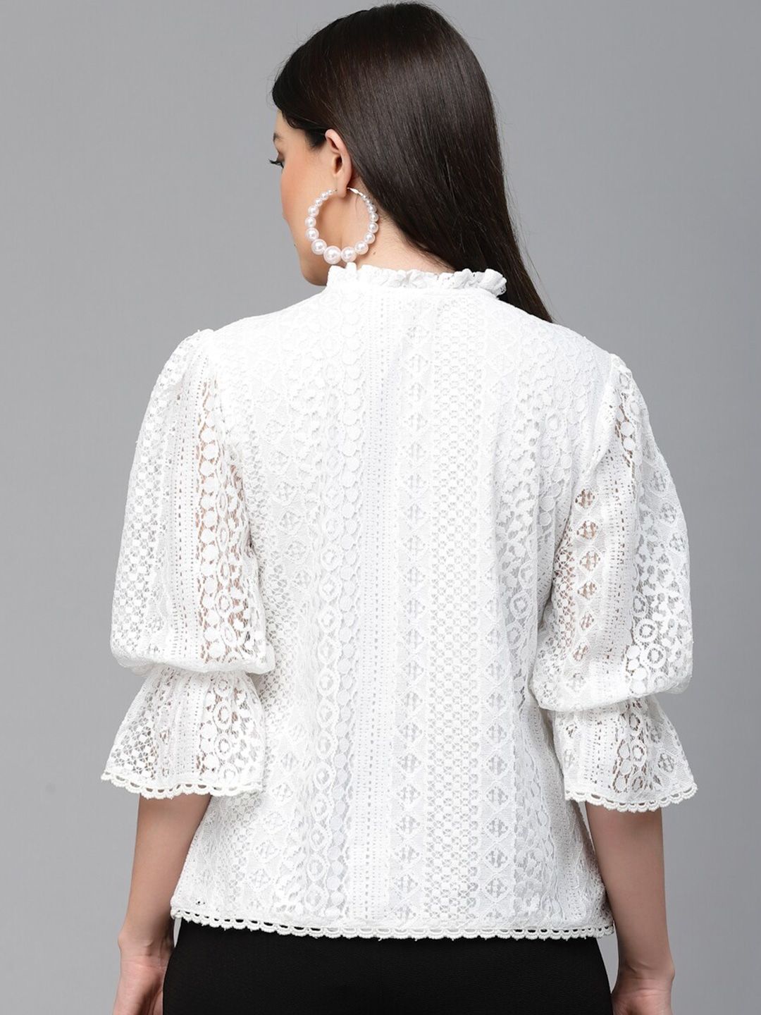 Style Quotient Self Design Tie-Up Neck Puff Sleeves Lace Cotton Top