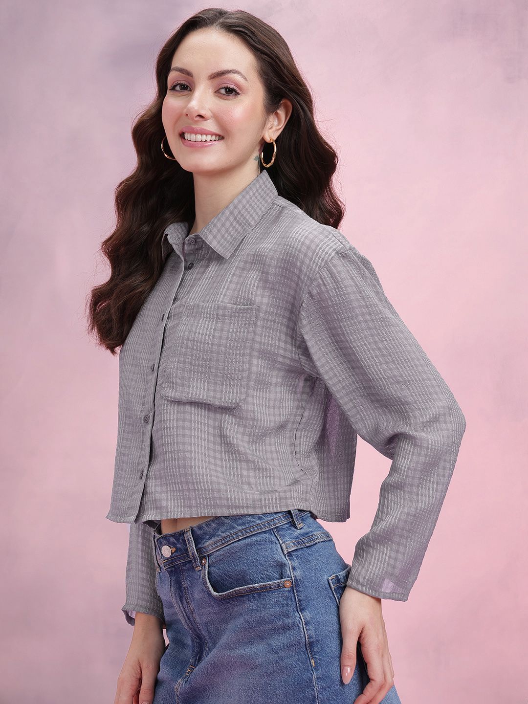 DressBerry Seersucker Checked Boxy Casual Shirt