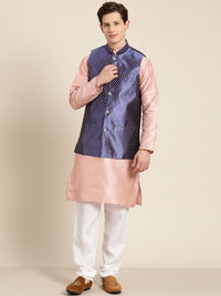 SOJANYA Men Pink & Beige Thread Work Straight Kurta Churidar dengan Jaket Nehru
