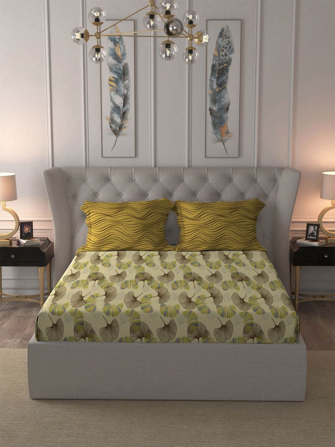 MYTRIDENT Dandelion Yellow Dusk & Dawn Flat 144TC Queen Cotton Bedsheet & 2 Pillow Covers