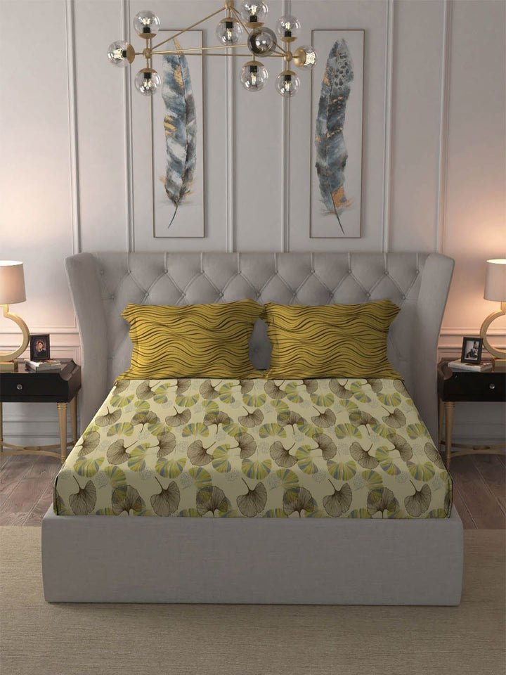 MYTRIDENT Dandelion Yellow Dusk & Dawn Flat 144TC Queen Cotton Bedsheet & 2 Pillow Covers