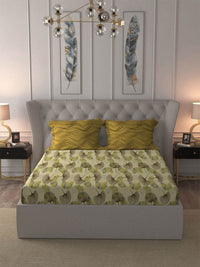 MYTRIDENT Dandelion Yellow Dusk & Dawn Flat 144TC Queen Cotton Bedsheet & 2 Pillow Covers